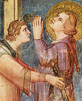 Симоне Мартини (1284?‑1344 гг.). Сиенская школа. Роспись капеллы Сан Мартина в Ассизе. Около 1317 года. Фрагмент из сцены посвящения святого Мартина в рыцари.