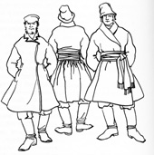 Крестьянин в кафтане, подпоясанный длинным поясом с кистями.
